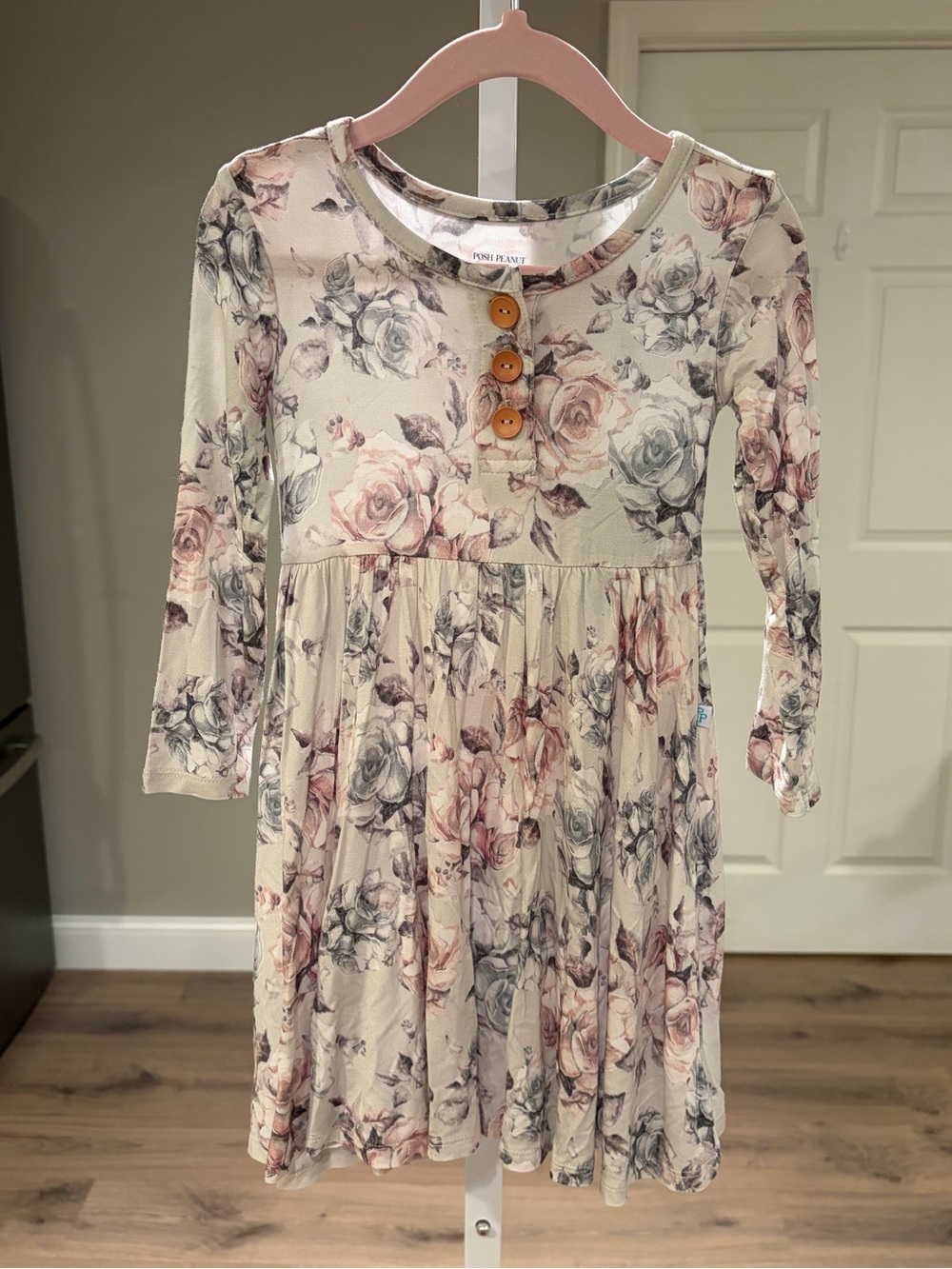 Posh Peanut Daniella Vintage Rose Floral Long Sleeve Henley Dress, 2T